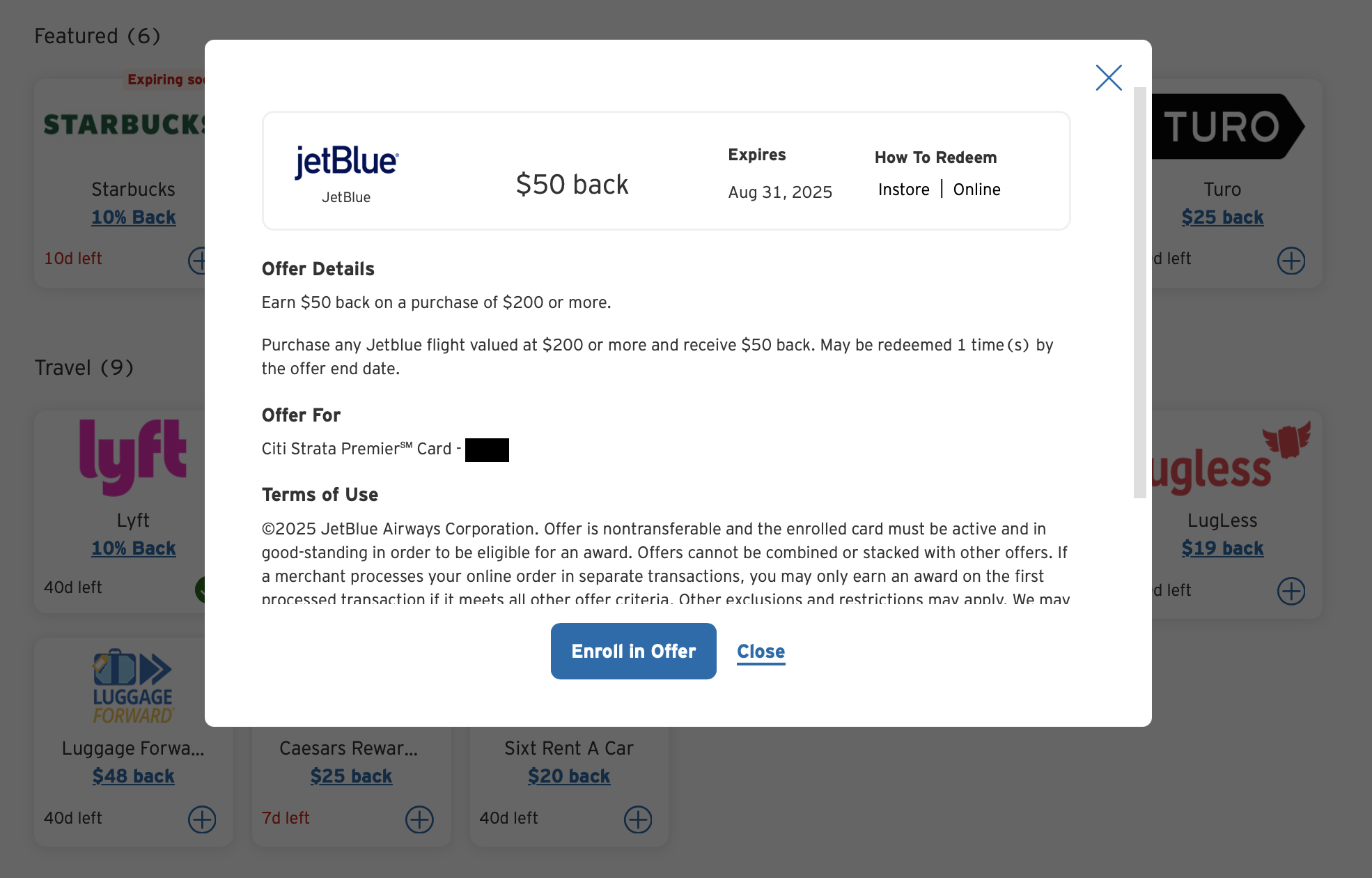 A screenshot of a JetBlue merchant offer