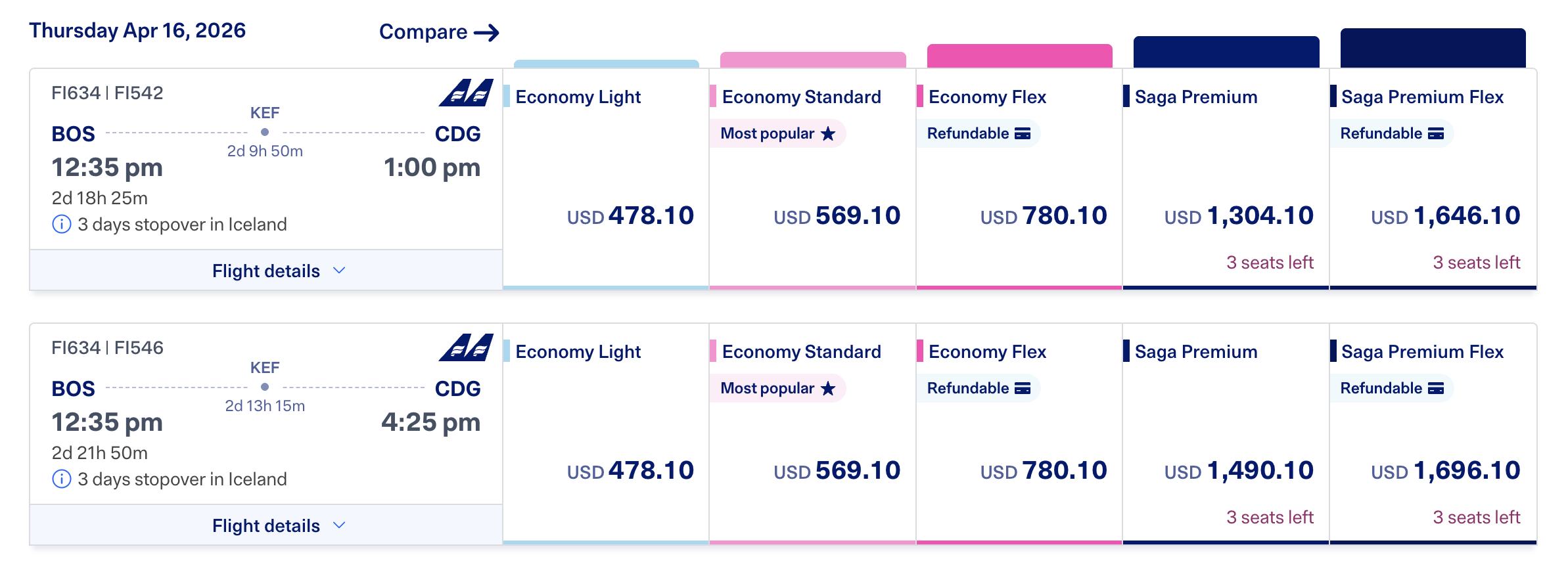 A screenshot showing flight options with a stopover in Iceland