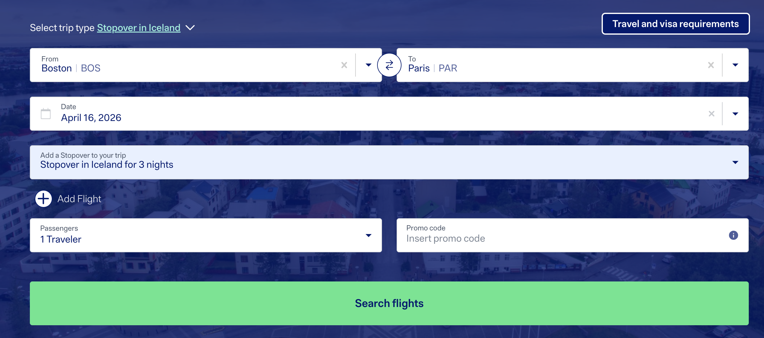 A screenshot showing a stopover search from Boston to Paris