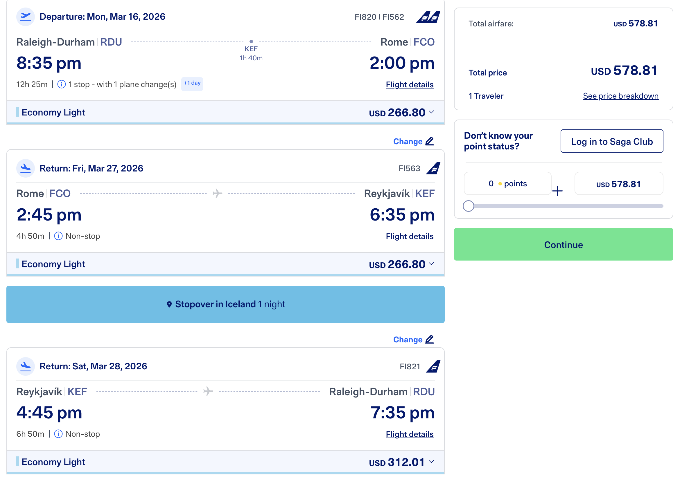A roundtrip Icelandair flight from Raleigh-Durham to Rome with a one-day stopover in Iceland.