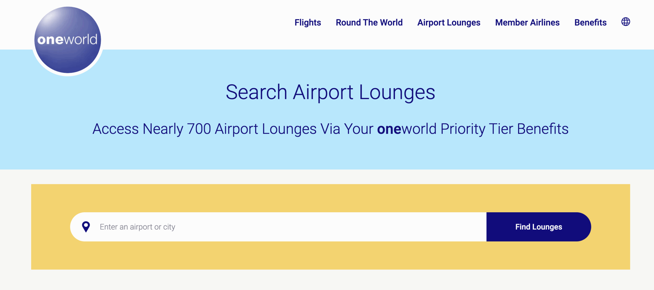 A screenshot of the Oneworld lounge finder tool