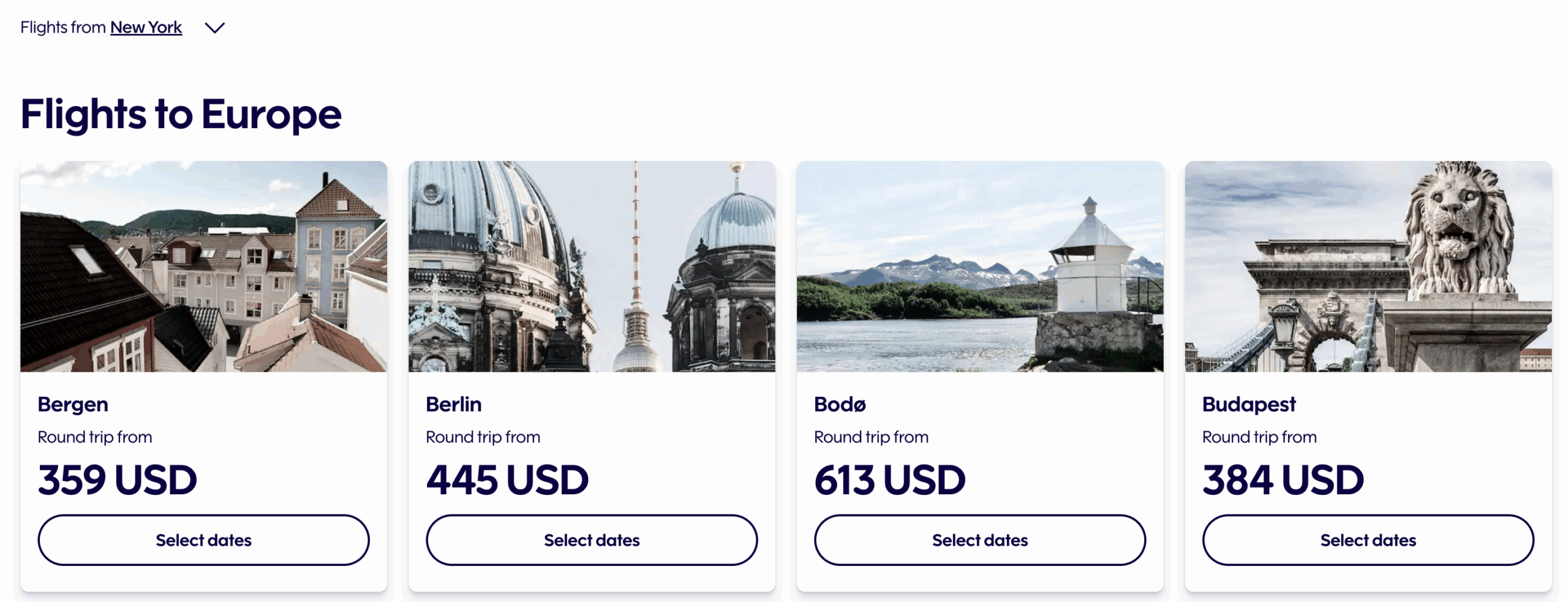 A screenshot showing flight deals to Europe from New York