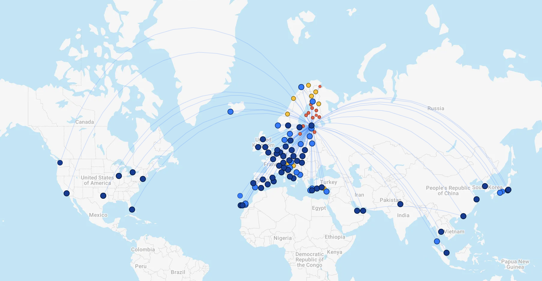 A screenshot showing Finnair's route map