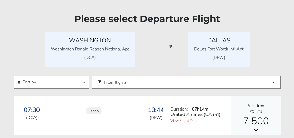 AIr India charges 7,500 points for DCA to DFW