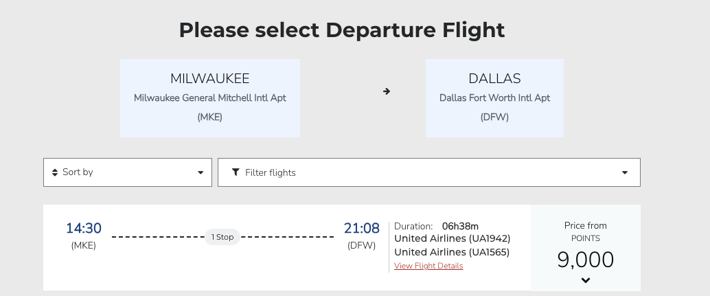 Connecting flights on United with Air India miles cost more, this MKE to DFW flight costs 9,000 miles