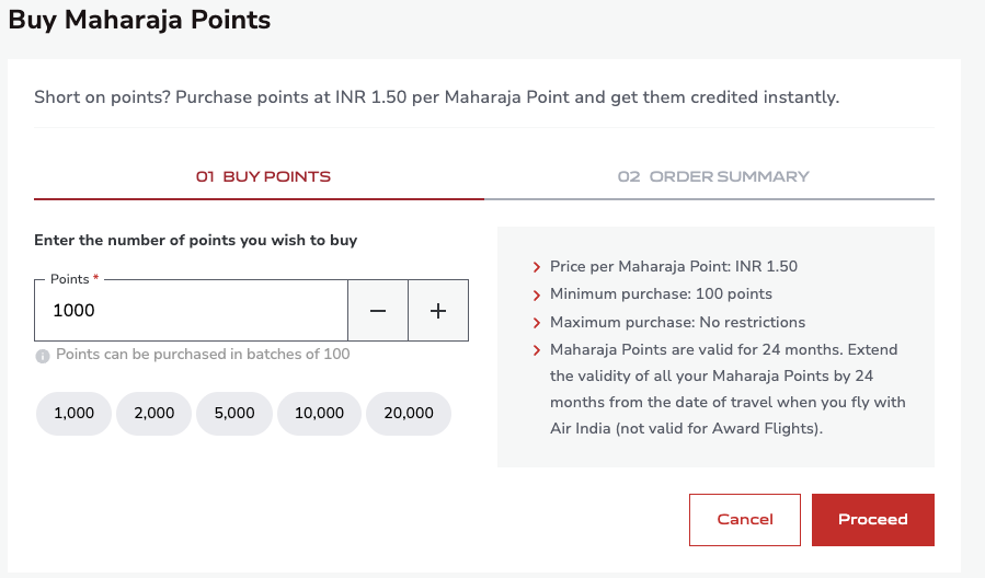 Air India Maharaja Club Buy Points Screen