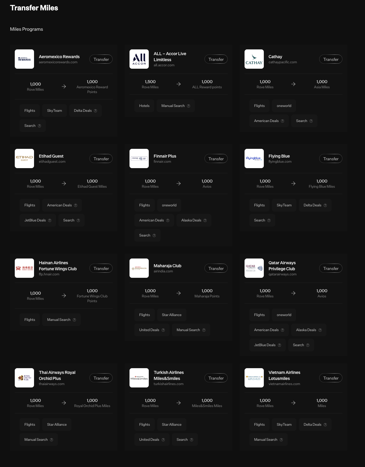 Rove Miles transfer partners (Aeromexico, Accor, Cathay, Etihad, Finnair, Flying Blue, Hainan, Air India, Qatar, Thai Airways, Turkish Airlines, Vietnam Airlines)