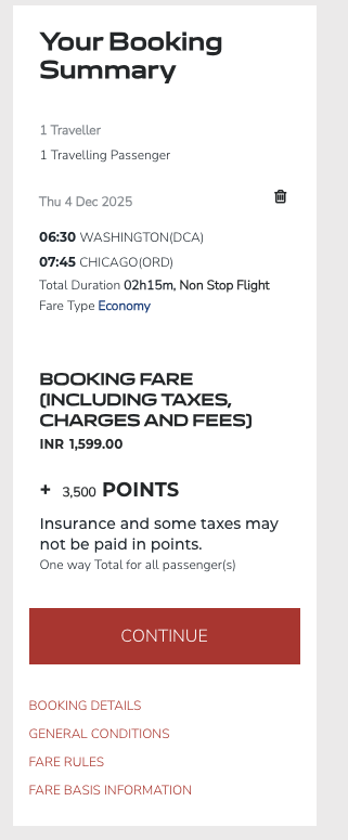 Total cost from DCA to ORD on Air India. 3,500 miles plus 1599 INR