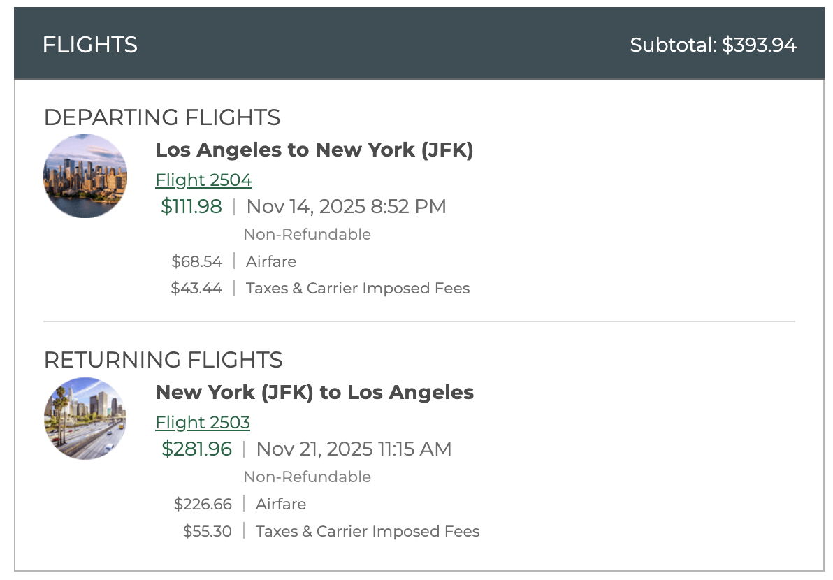 A screenshot of a round-trip flight from New York to Los Angeles