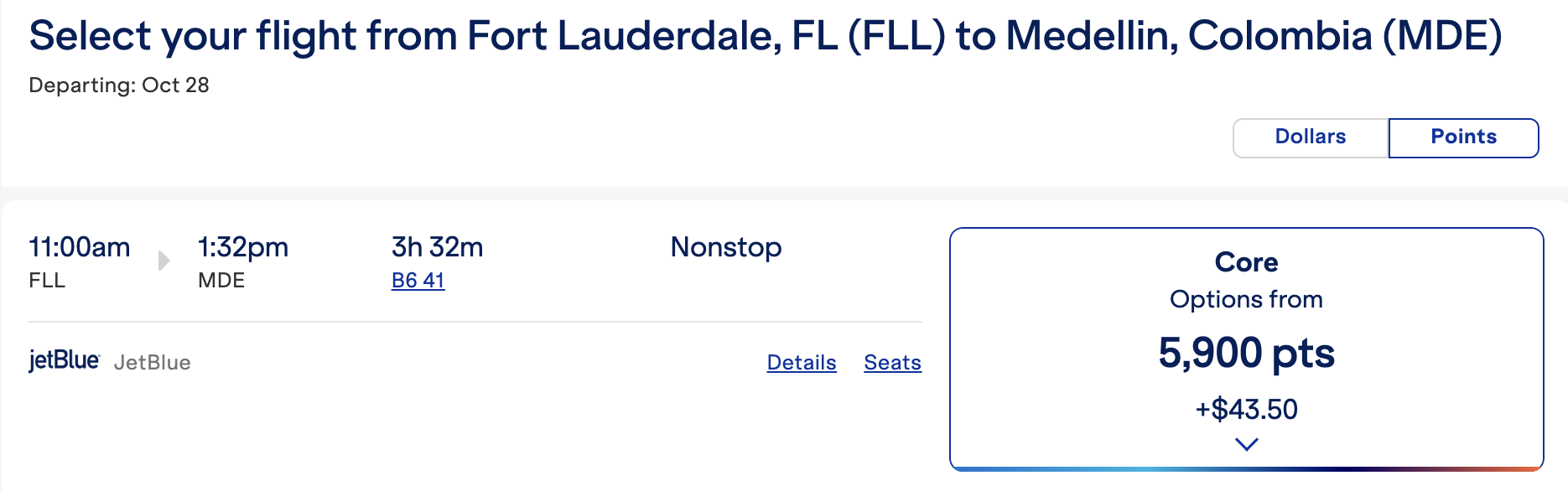 A screenshot showing an award redemption from FLL to MDE in October 2025