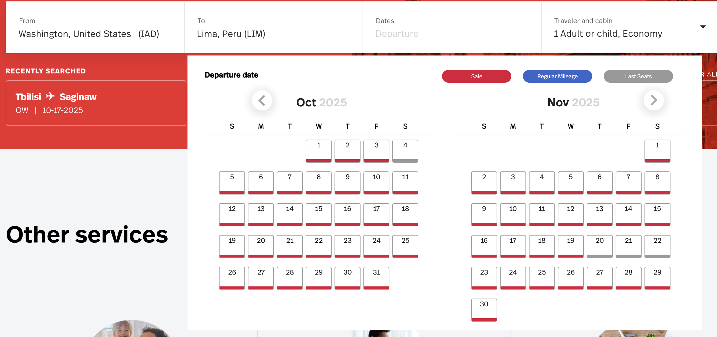 A screenshot showing a search from IAD to LIM through LifeMiles