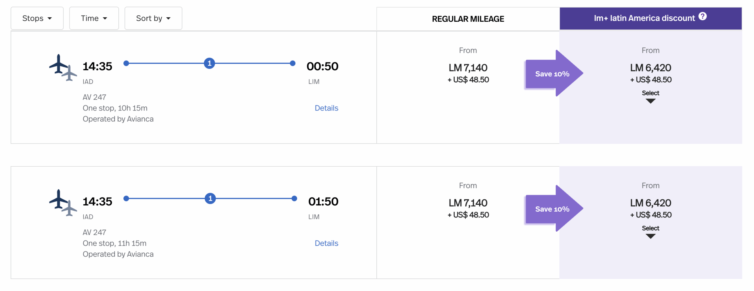 A screenshot showing two fight options on sale from IAD to LIM