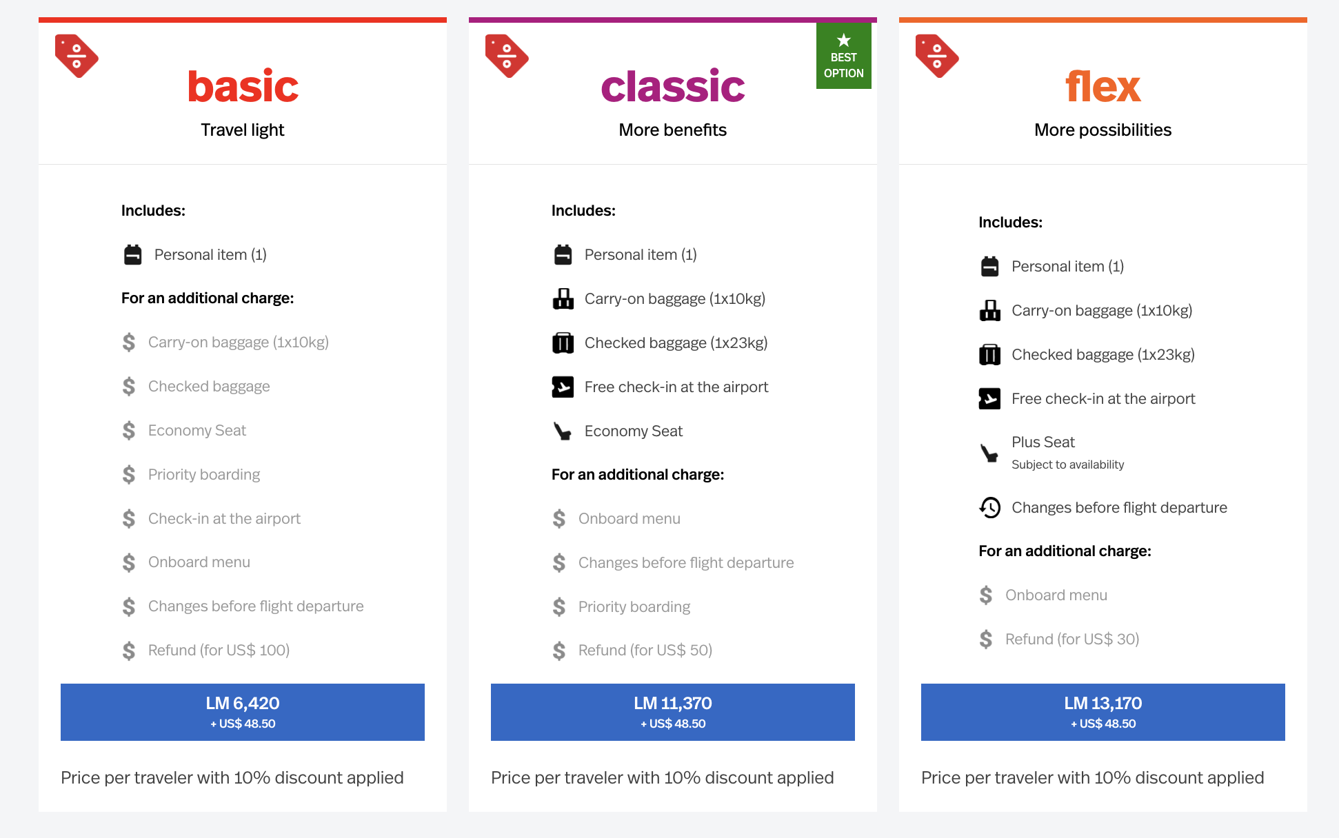 A screenshot showing basic, classic, and flex fares