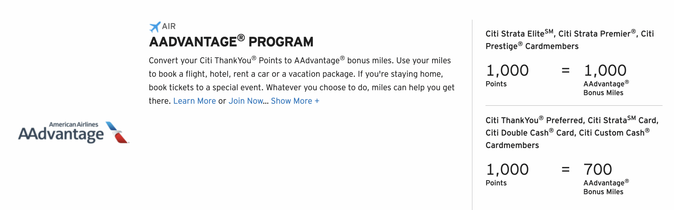 A screenshot showing the Citi/AAdvantage transfer ratios