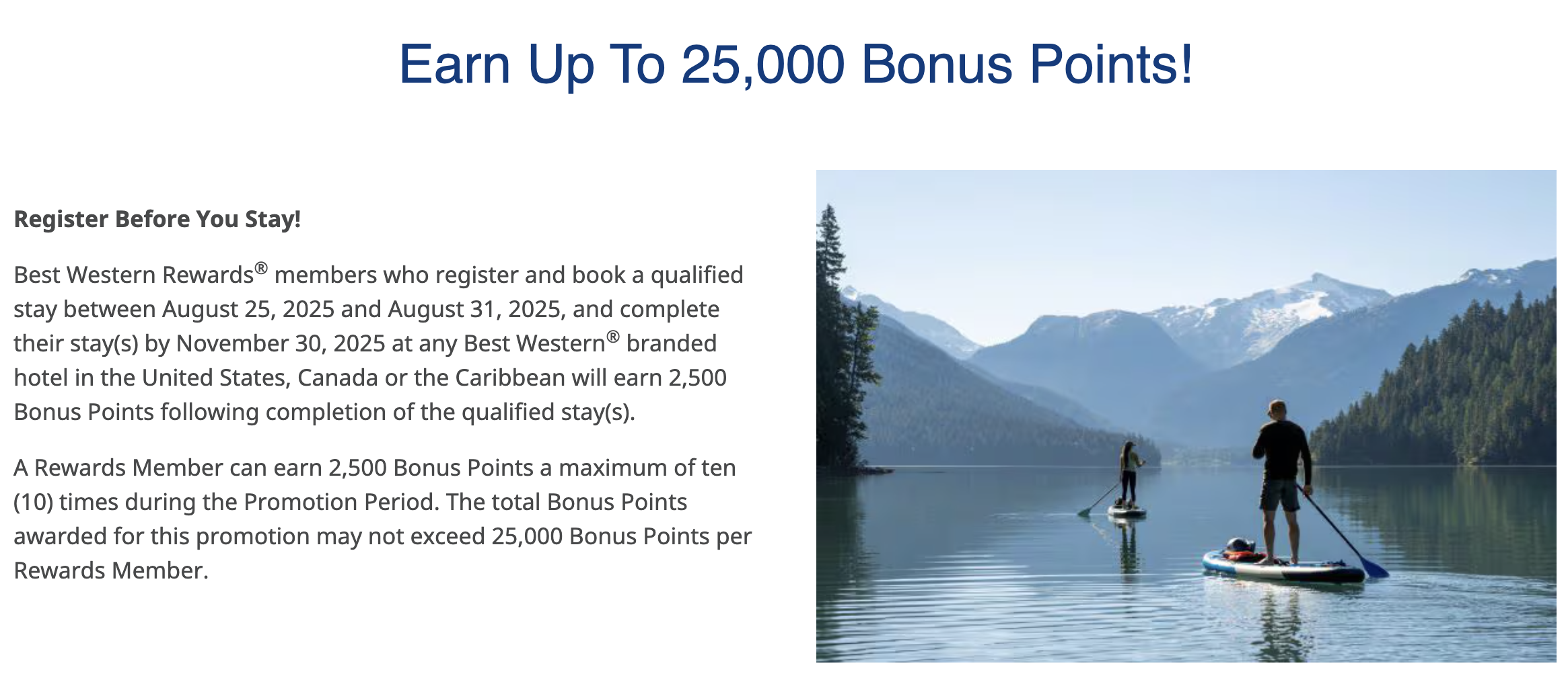 A screenshot showing the 25,000 bonus point offer on Best Western stays