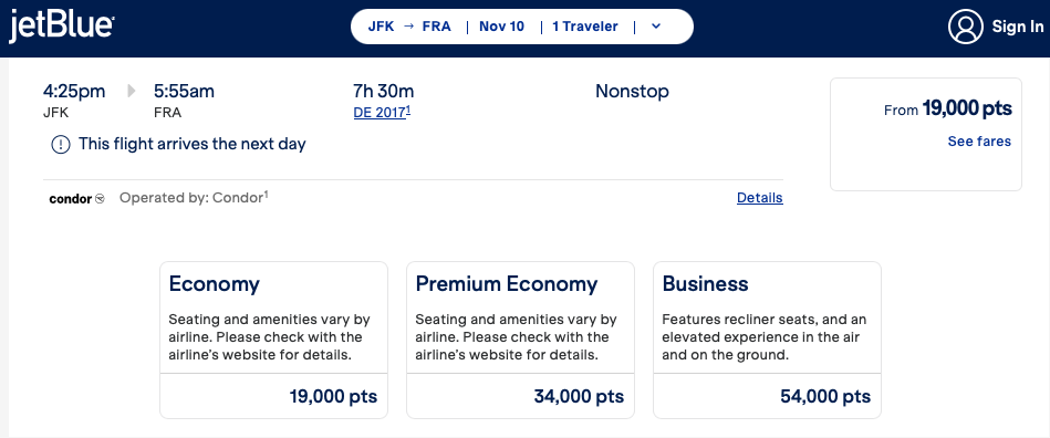 Booking Condor on JetBlue
