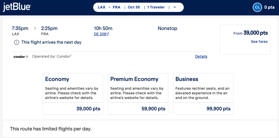 Condor flights from LAX to FRA booked with JetBlue.