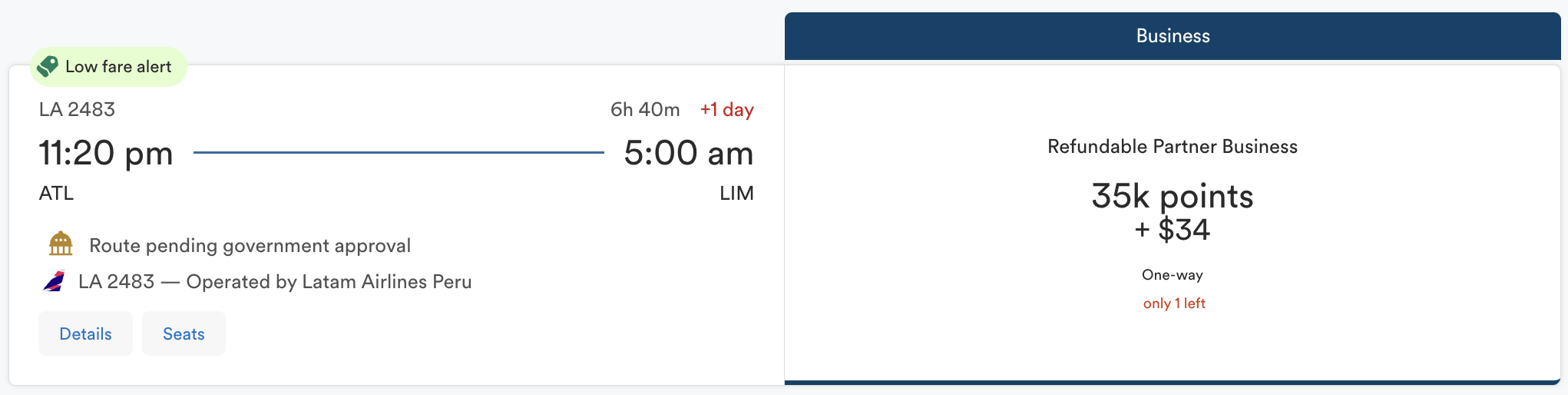 A LATAM business class flight from Atlanta to Lima for 35,000 Alaska points and $34 in taxes and fees