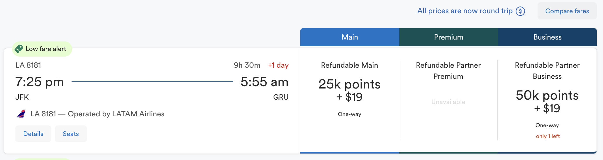 A LATAM flight from New York JFK to Sao Paolo for 50,000 Alaska points