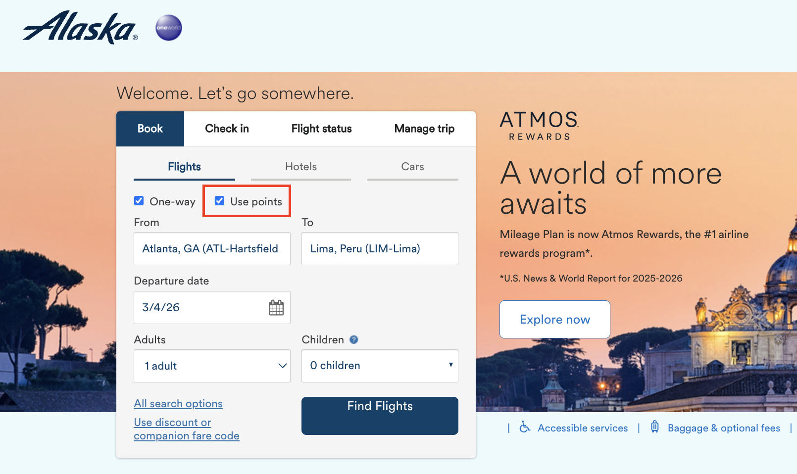 Alaska Airlines award search for flights from Atlanta to Lima