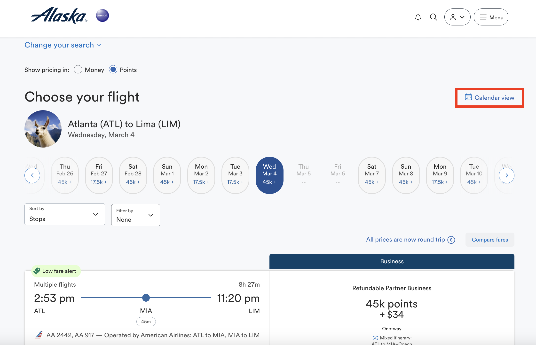 calendar view on Alaska Airlines award search