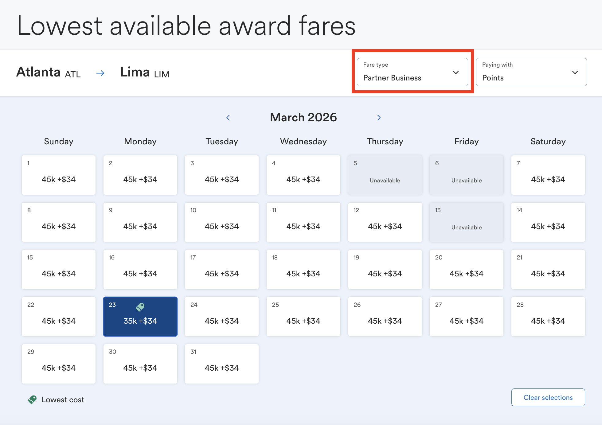 Alaska Airlines award calendar for flights from Atlanta to Lima in partner business