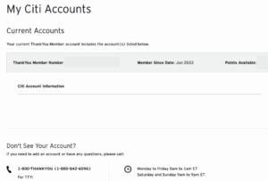 Black text on white background showing active Citi cards and ThankYou Points balances
