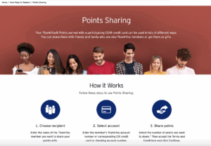 Seven people on a red background above a white background with black text explaining Citi ThankYou Points sharing
