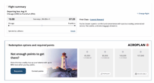 Additional redemption options in Lufthansa first from Chicago to Frankfurt. 60k + $844.60 CAD, 80k + $464.60 CAD, 100k + $78.40 CAD, 107,840 points