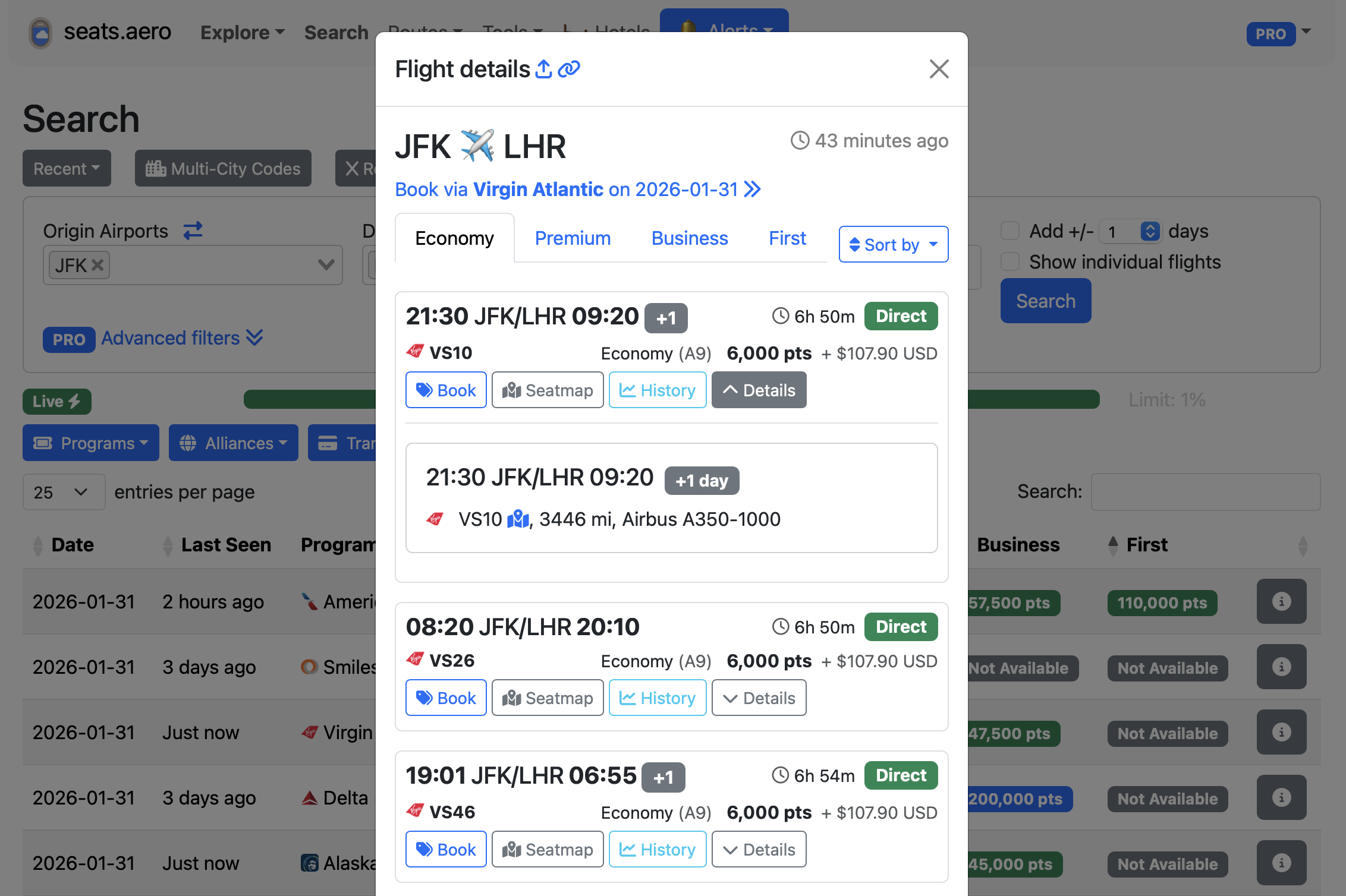 Seats.aero results for JFK to LHR.