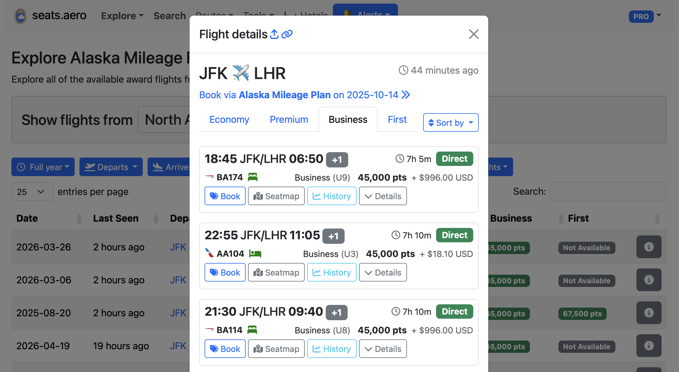 Seats.aero results for JFK to LHR.