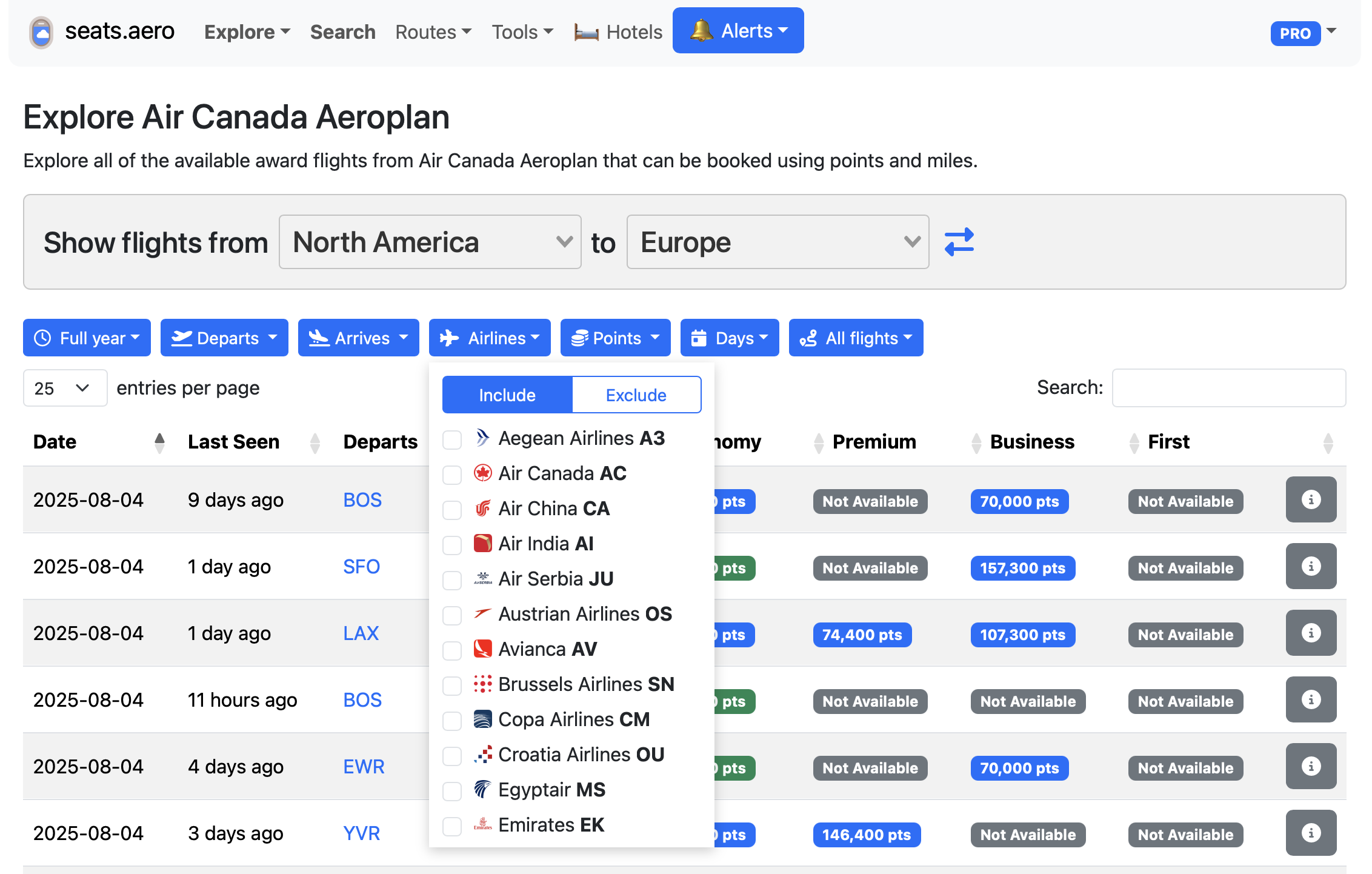 Seats.aero partner airline dropdown on the results page.