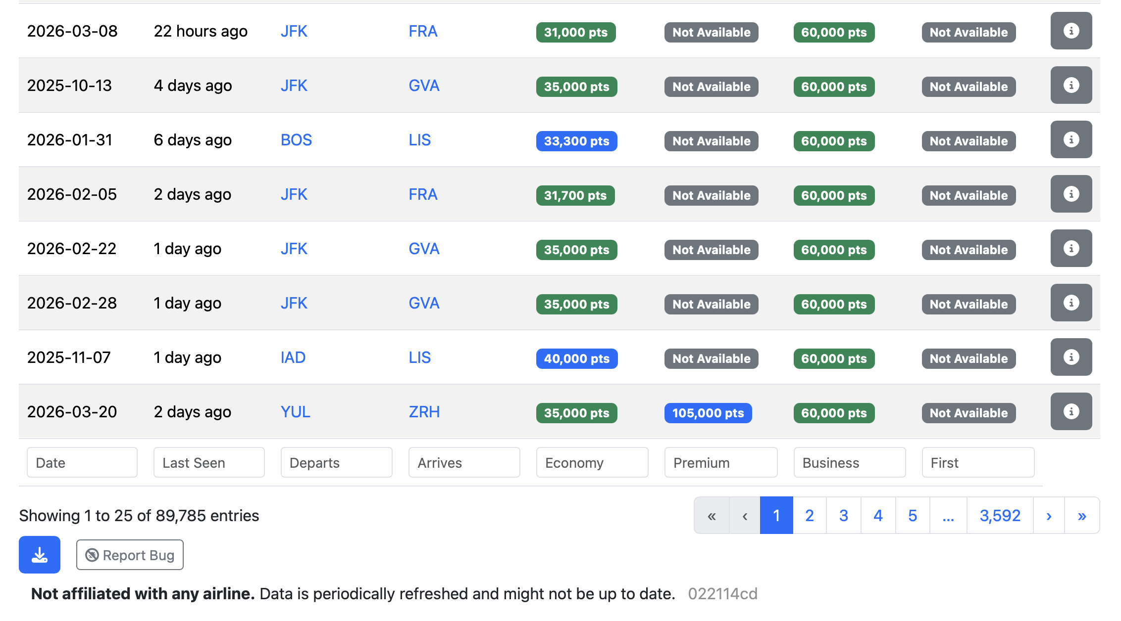 Seats.aero search parameters.
