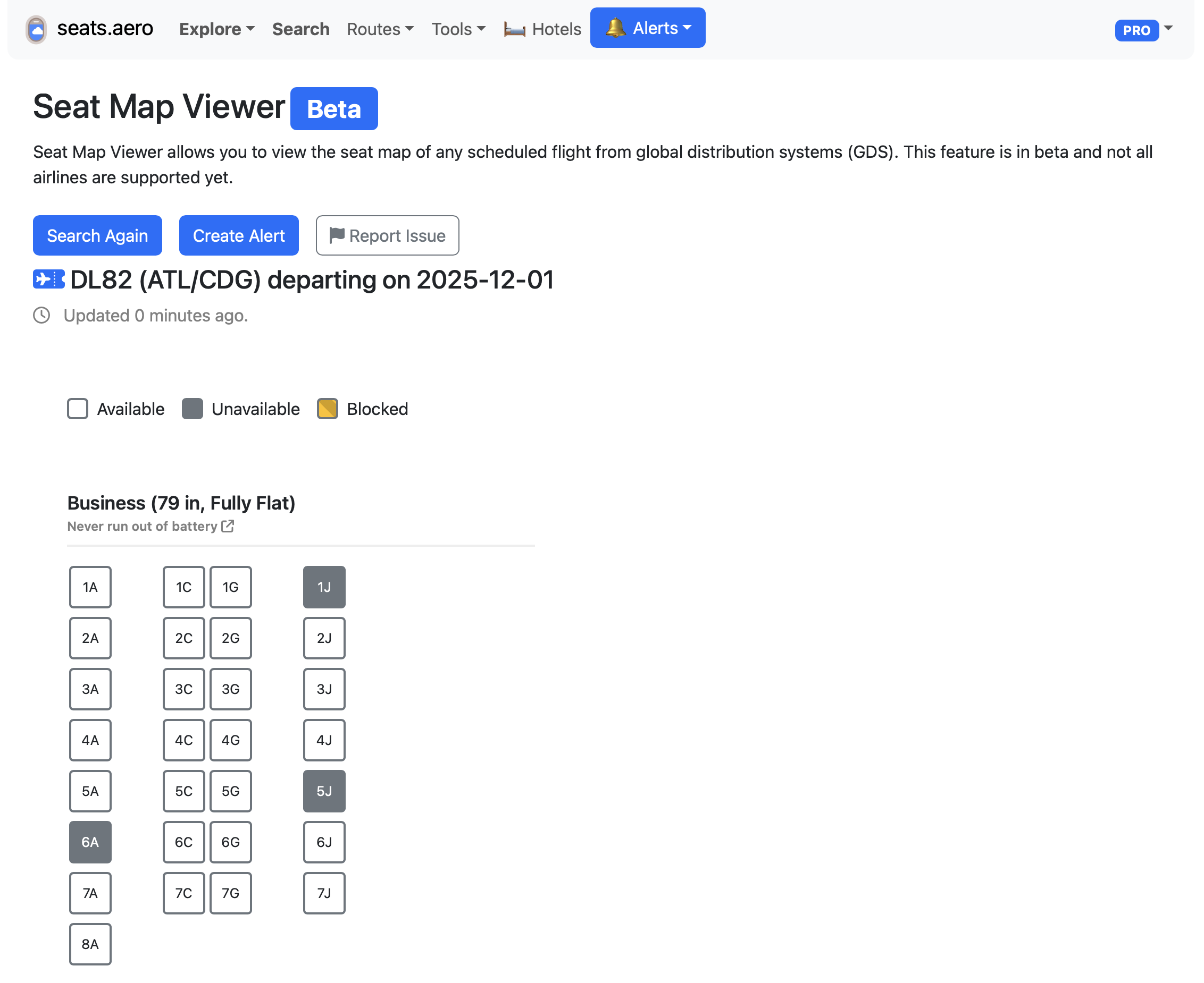 Seats.aero seat map viewer.