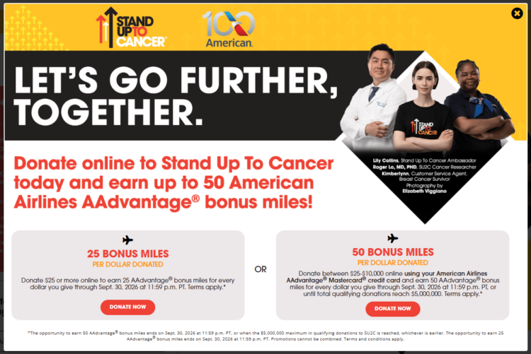 Popup window showing 50 bonus AAdvantage miles per dollar donated to Stand Up to Cancer