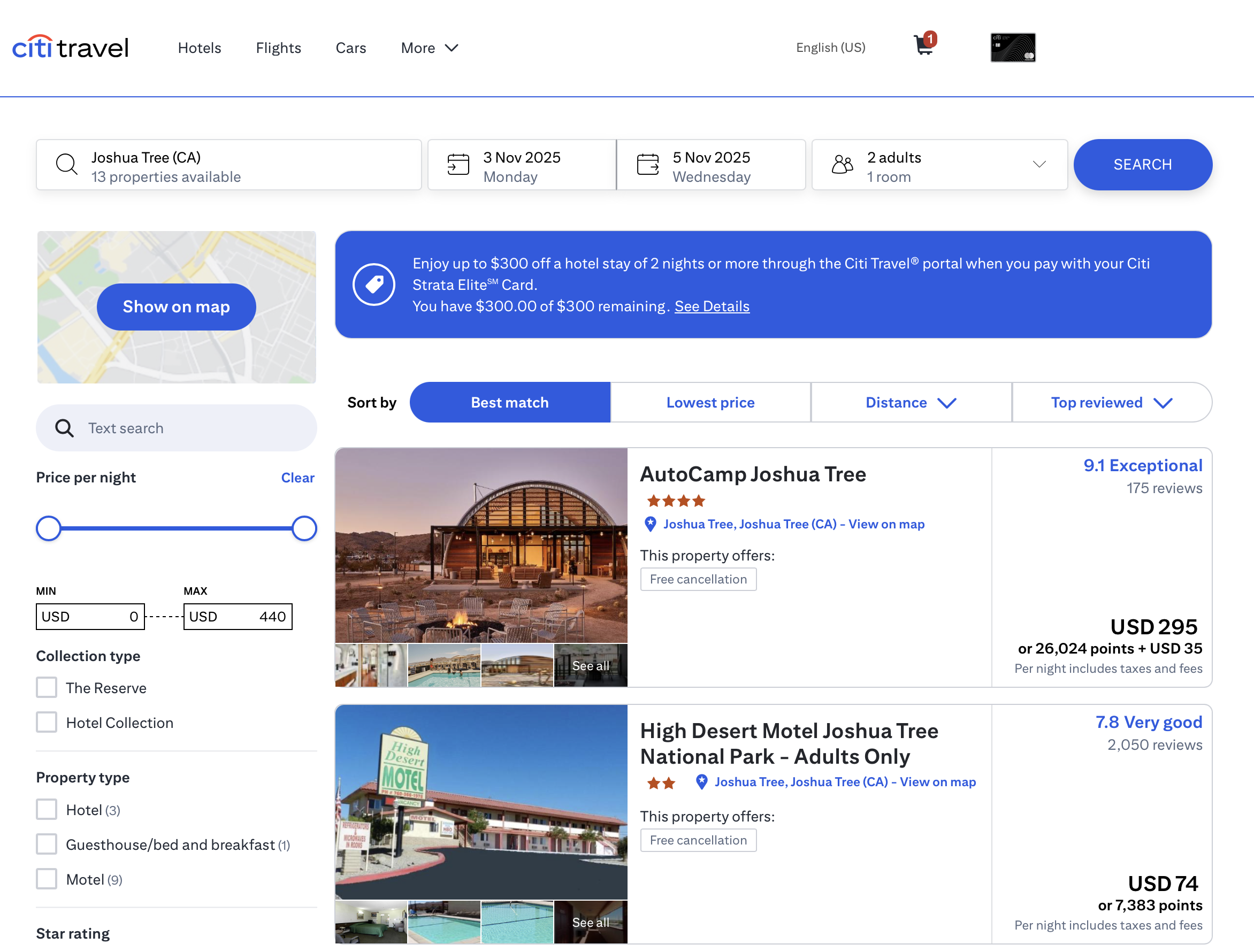 Citi Travel booking results for Joshua Tree.