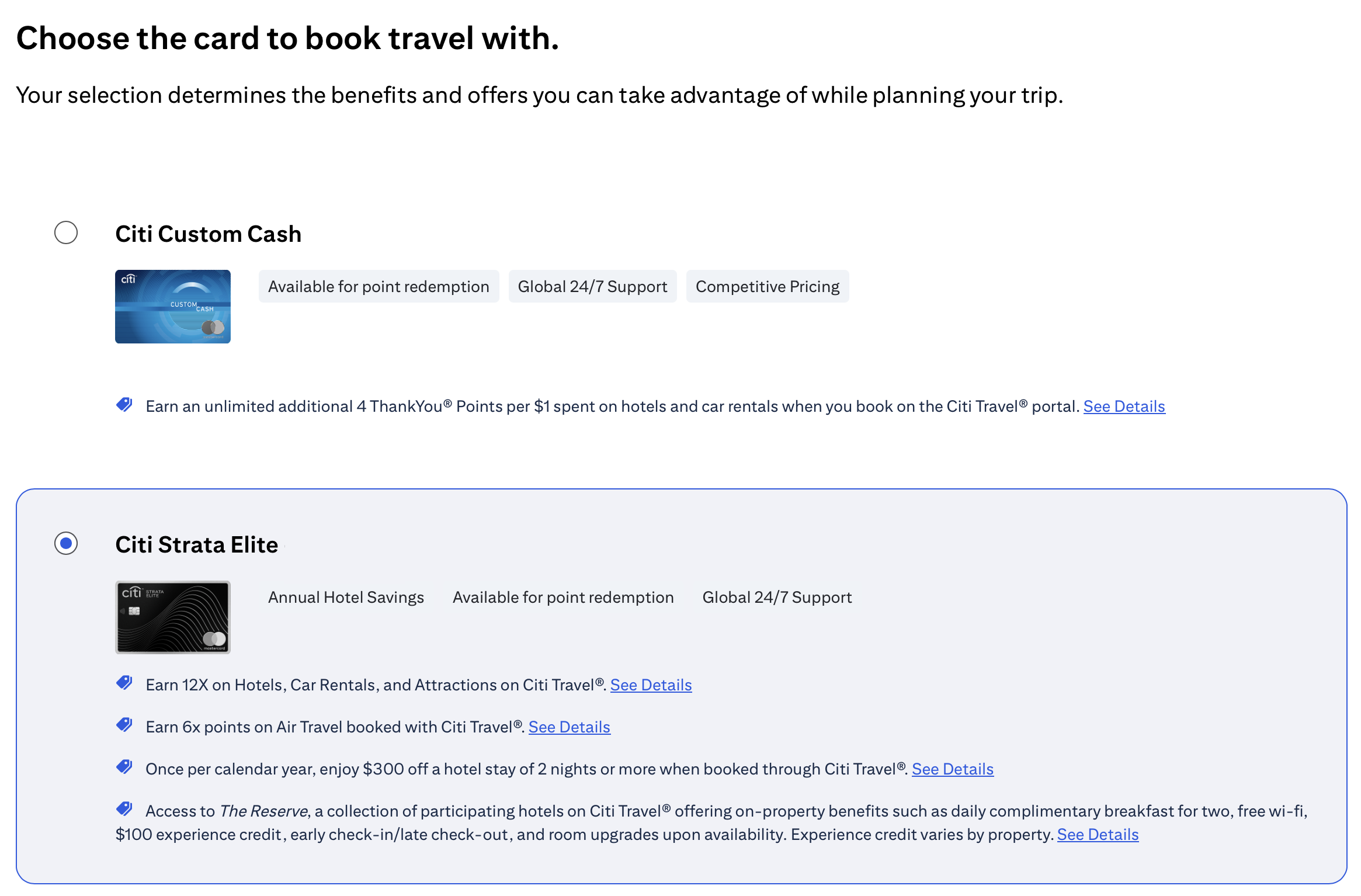 Citi travel card selector.