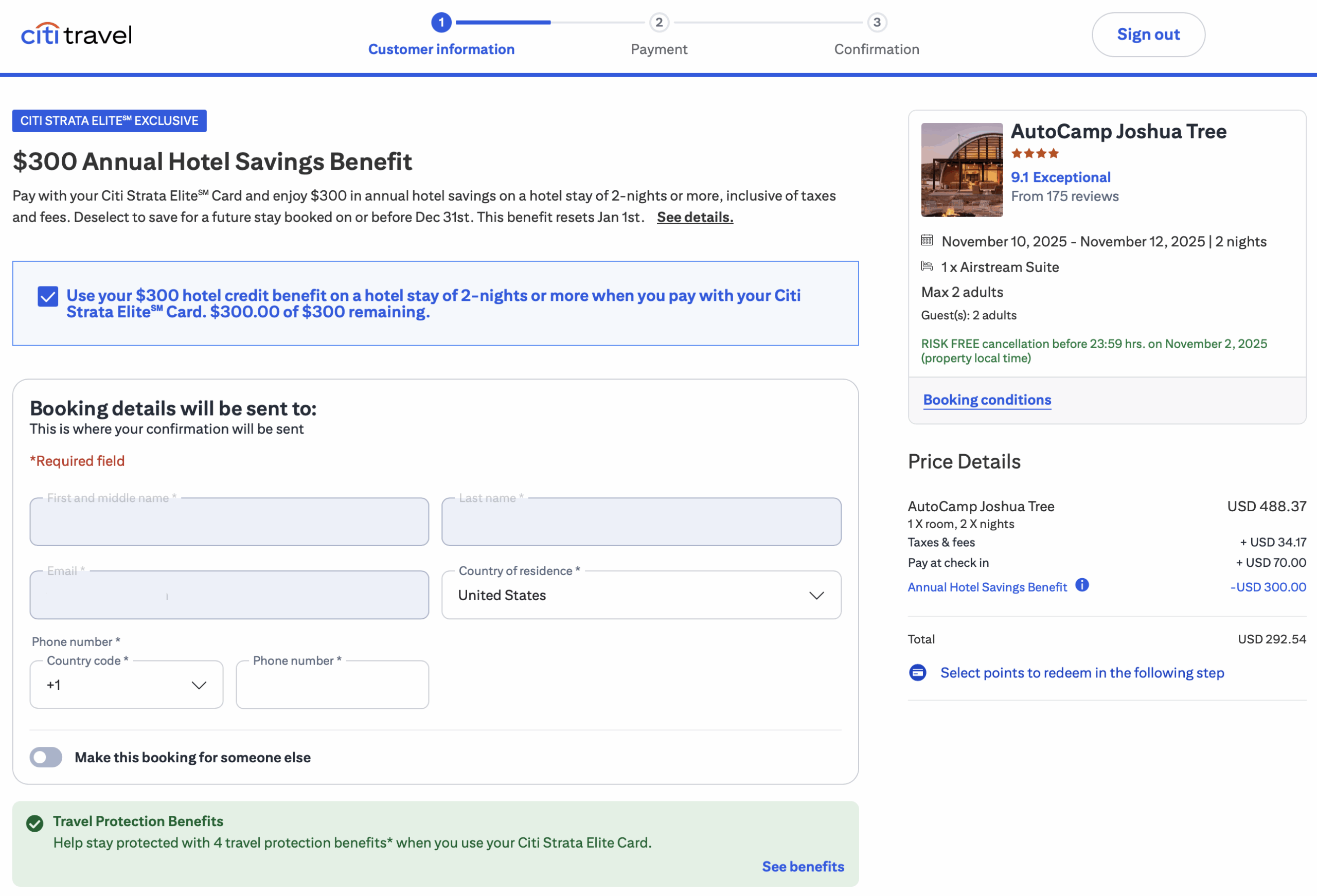 Citi Travel receipt for a hotel stay in Joshua Tree
