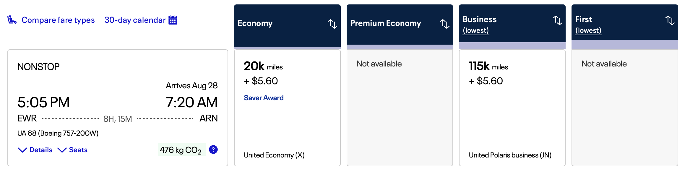 United award from EWR to ARN.