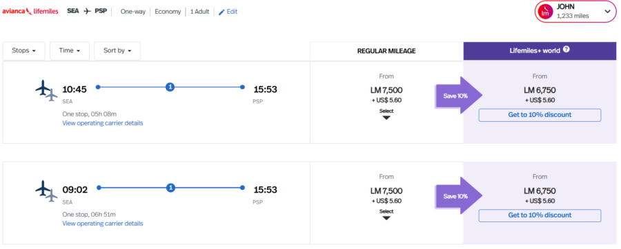 Screenshot showing LifeMiles award search results from Seattle to Palm Springs for 7,500 LifeMiles