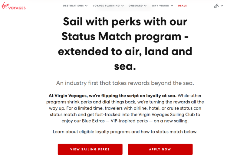 Screenshot of Virgin Voyages Status Match page