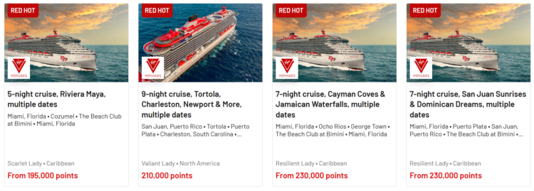 Screenshot of Virgin Voyages sailings bookable with Virgin points