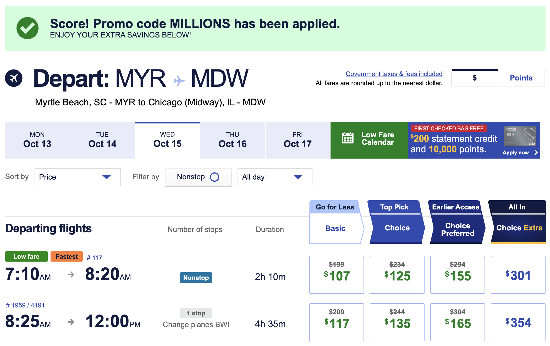 Southwest discounted award flight from MYR to MDW