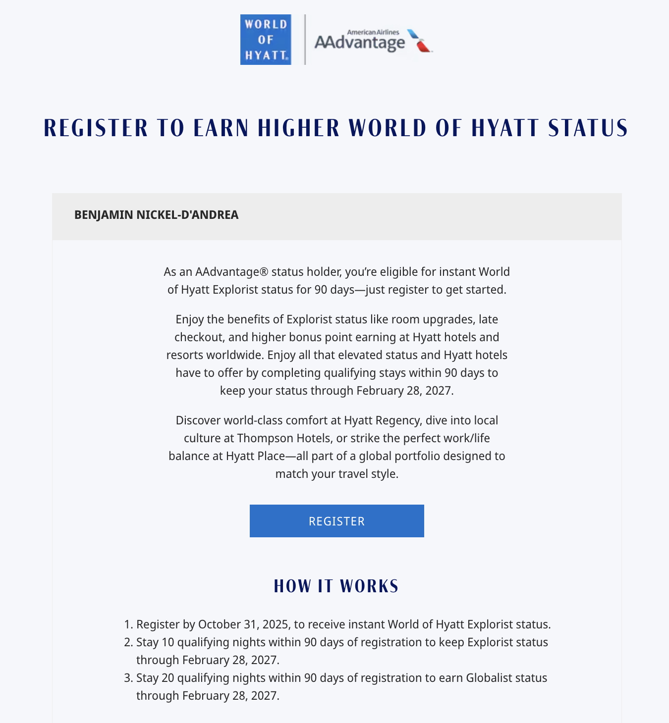 Screenshot of World of Hyatt Status Challenge Registration site