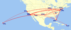 Map of all domestic routes where American Airlines is flying lie-flat seats in October 2025