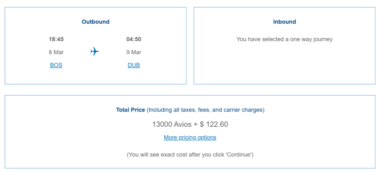 A screenshot from British Airways shows a Membership Rewards Europe sweet spot of a flight from Boston to Dublin.