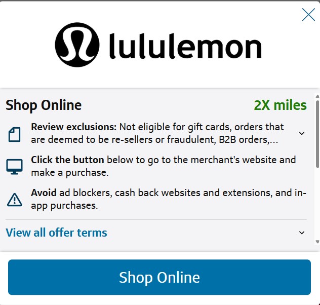 Capital One Offer to earn two times the miles on online purchases at Lululemon