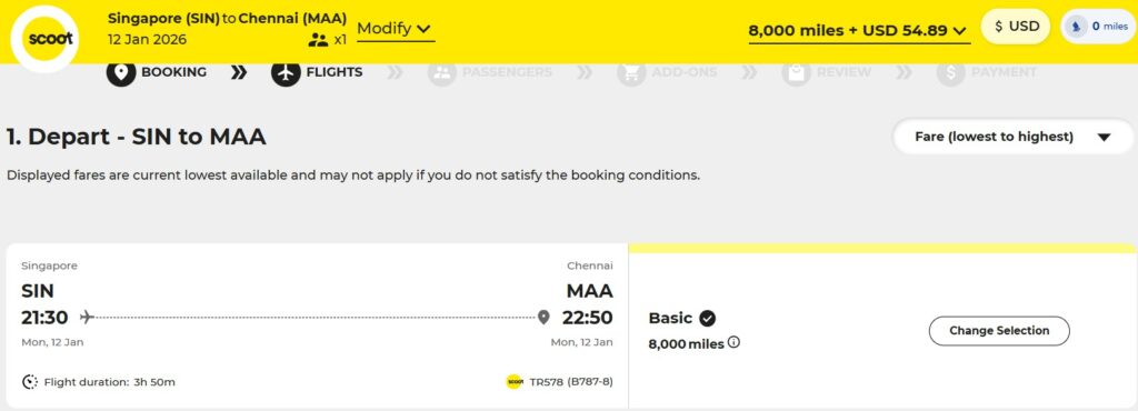 Singapore to Chennai with Scoot miles