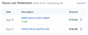 American Express statement showing a Delta Stays purchase and a Delta Stays credit
