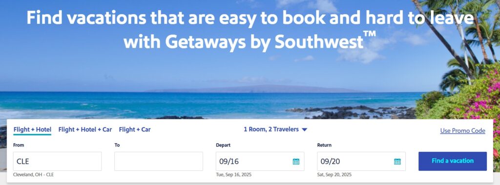 Getaways by Southwest search.